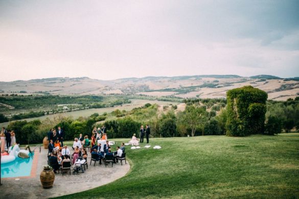 Pool side wedding aperitif in scenic Val d'Orcia landscape