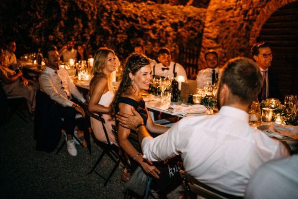 Wedding dinner at Tuscan borgo with courtyard