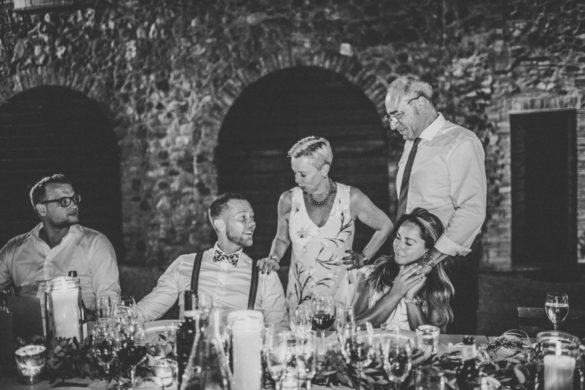 Boho country chic wedding dinner in the open air, Tuscany.