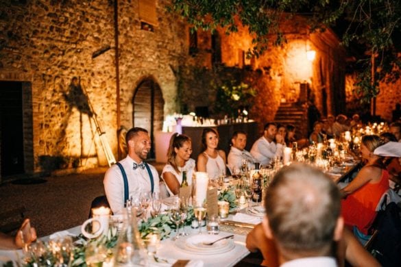 Boho country chic wedding dinner in the open air, Tuscany.