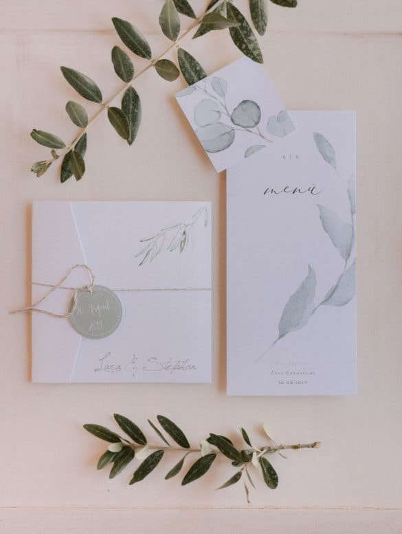 Wedding stationary with olive branches and eucalyptus design, invitation, menu and place cards.