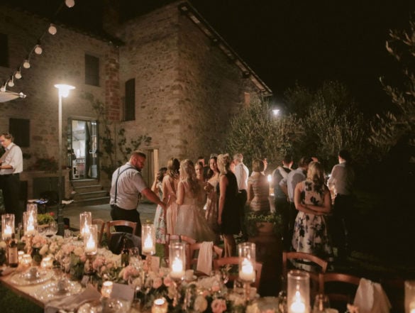 Outdoor wedding party in Tuscan hills